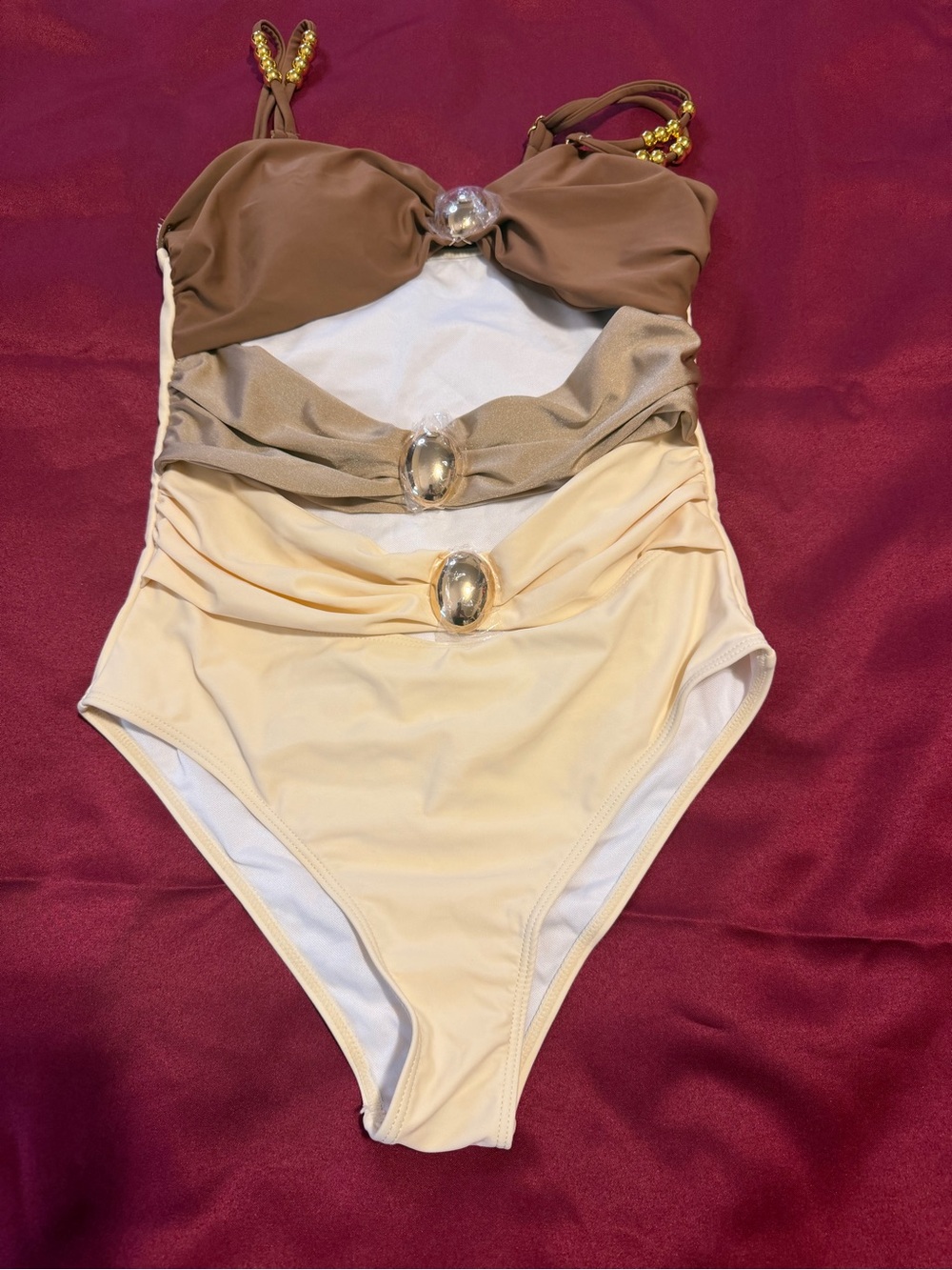 Three-Tone One-Piece Swimsuit with Jewel Accents - Brown, Taupe, Cream